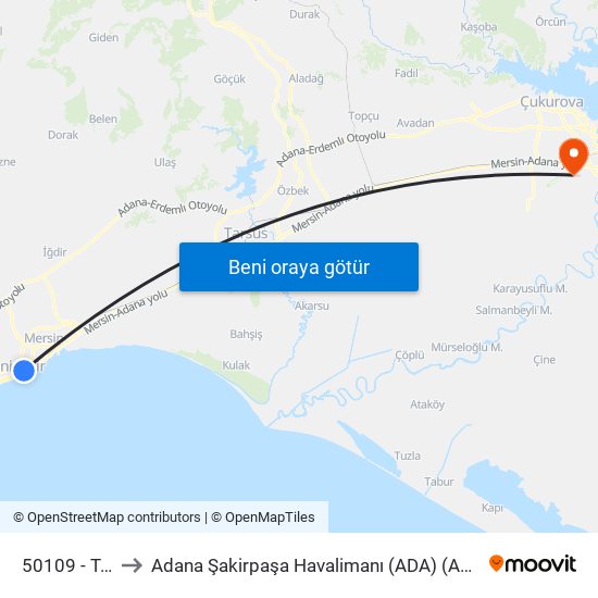 50109 - Topçular to Adana Şakirpaşa Havalimanı (ADA) (Adana Sakirpasa Airport) map