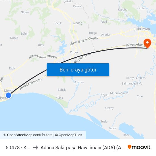 50478 - Kör Yusuf to Adana Şakirpaşa Havalimanı (ADA) (Adana Sakirpasa Airport) map