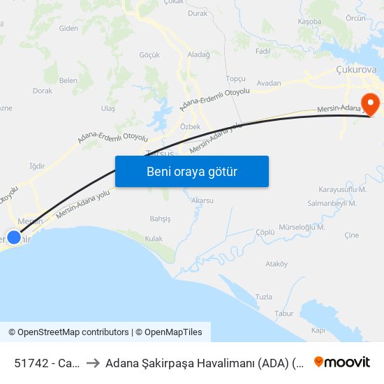 51742 - Carrefoursa to Adana Şakirpaşa Havalimanı (ADA) (Adana Sakirpasa Airport) map