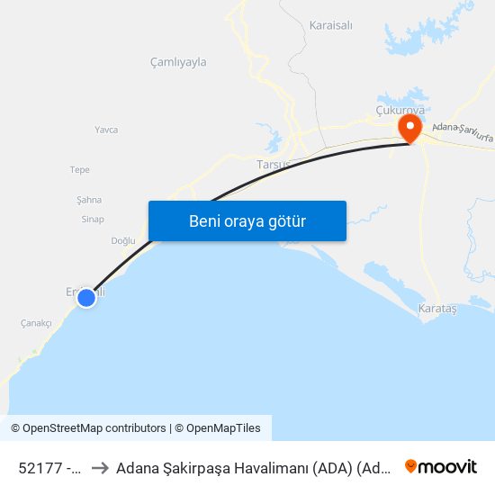 52177 - Köprü to Adana Şakirpaşa Havalimanı (ADA) (Adana Sakirpasa Airport) map