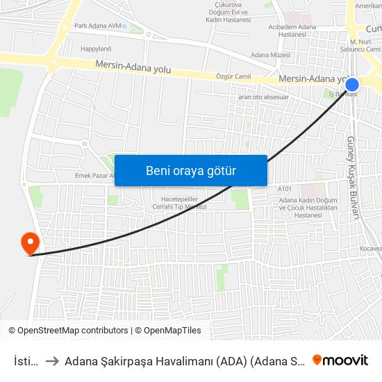 İstiklal to Adana Şakirpaşa Havalimanı (ADA) (Adana Sakirpasa Airport) map