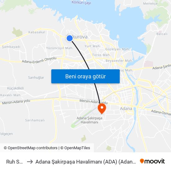 Ruh Sağliği to Adana Şakirpaşa Havalimanı (ADA) (Adana Sakirpasa Airport) map