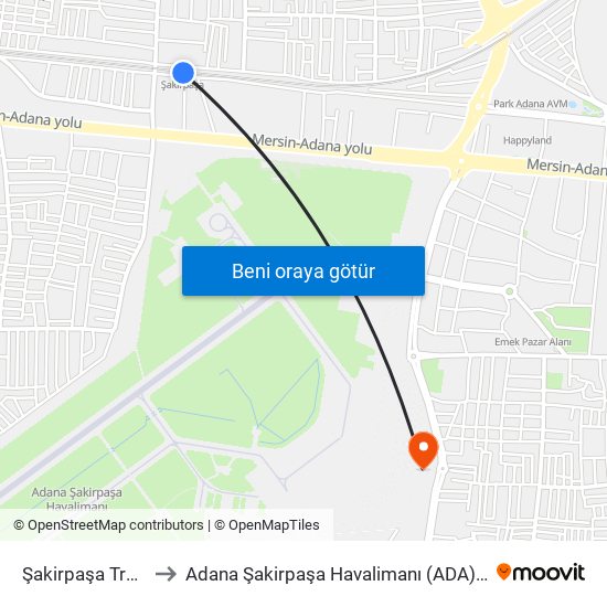 Şakirpaşa Tren İstasyonu to Adana Şakirpaşa Havalimanı (ADA) (Adana Sakirpasa Airport) map