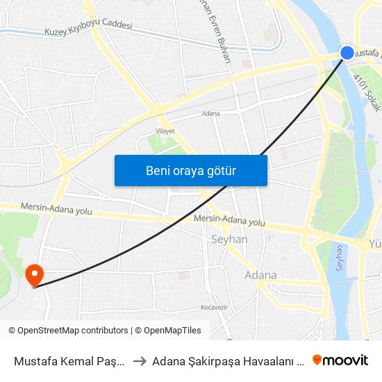Mustafa Kemal Paşa Blv. 7b to Adana Şakirpaşa Havaalanı Vip Salonu map