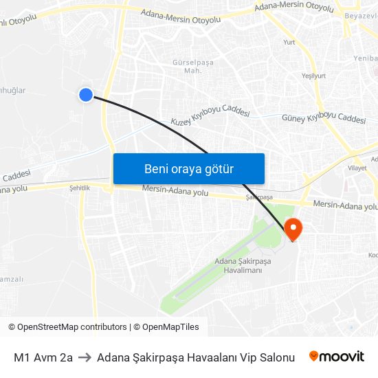 M1 Avm 2a to Adana Şakirpaşa Havaalanı Vip Salonu map