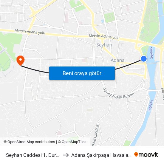 Seyhan Caddesi 1. Durak Taşköprü to Adana Şakirpaşa Havaalanı Vip Salonu map