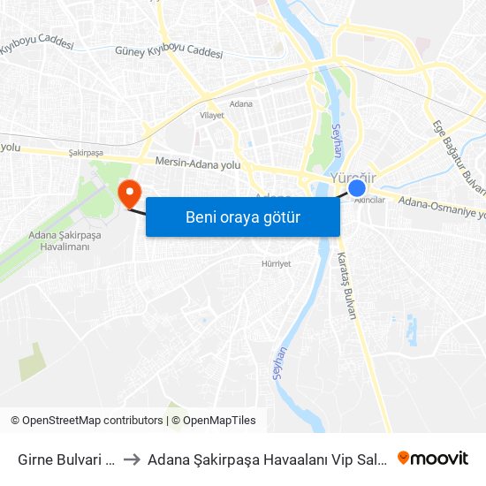 Girne Bulvari 1a to Adana Şakirpaşa Havaalanı Vip Salonu map