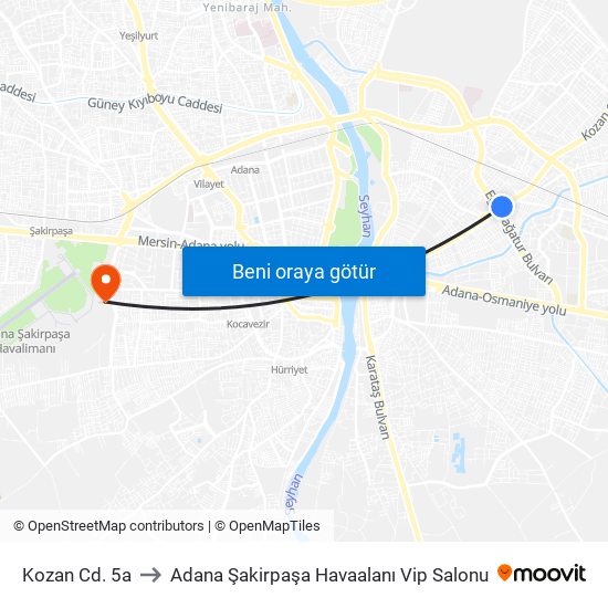 Kozan Cd. 5a to Adana Şakirpaşa Havaalanı Vip Salonu map