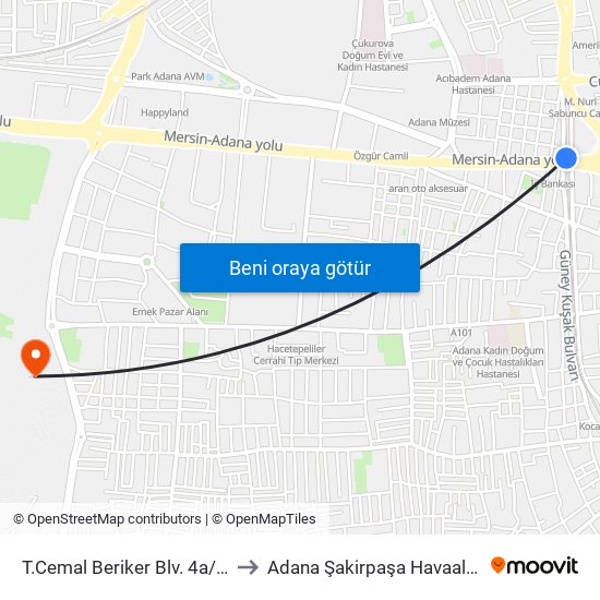 T.Cemal Beriker Blv. 4a/İstiklal Metro to Adana Şakirpaşa Havaalanı Vip Salonu map