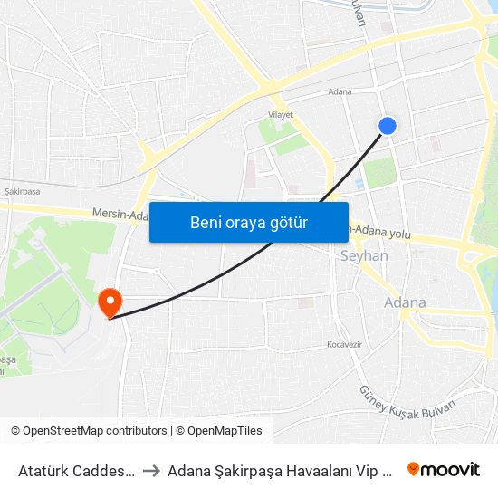 Atatürk Caddesi 4a to Adana Şakirpaşa Havaalanı Vip Salonu map