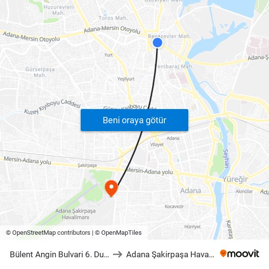 Bülent Angin Bulvari 6. Durak (Duygu Cafe) to Adana Şakirpaşa Havaalanı Vip Salonu map