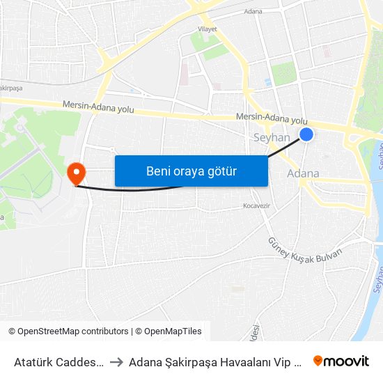 Atatürk Caddesi 1b to Adana Şakirpaşa Havaalanı Vip Salonu map