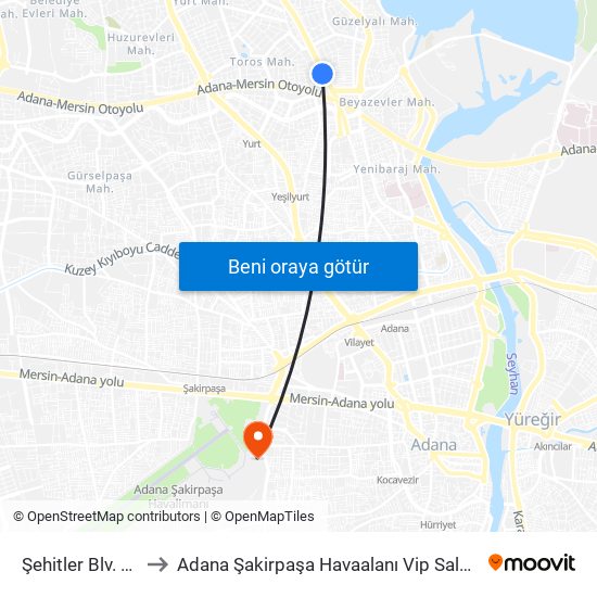 Şehitler Blv. 1b to Adana Şakirpaşa Havaalanı Vip Salonu map