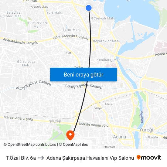 T.Özal Blv. 6a to Adana Şakirpaşa Havaalanı Vip Salonu map