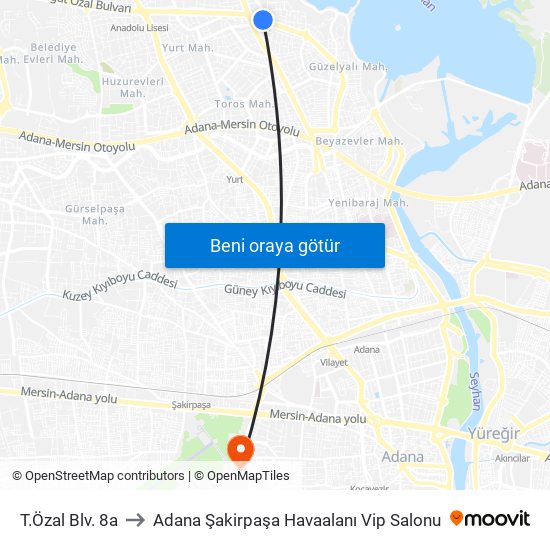 T.Özal Blv. 8a to Adana Şakirpaşa Havaalanı Vip Salonu map