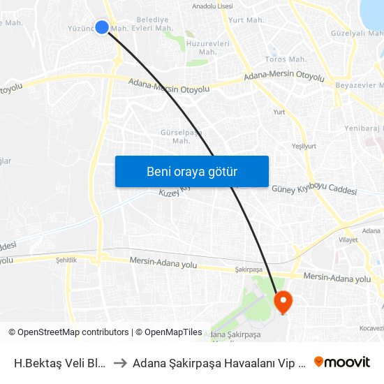 H.Bektaş Veli Blv. 1b to Adana Şakirpaşa Havaalanı Vip Salonu map