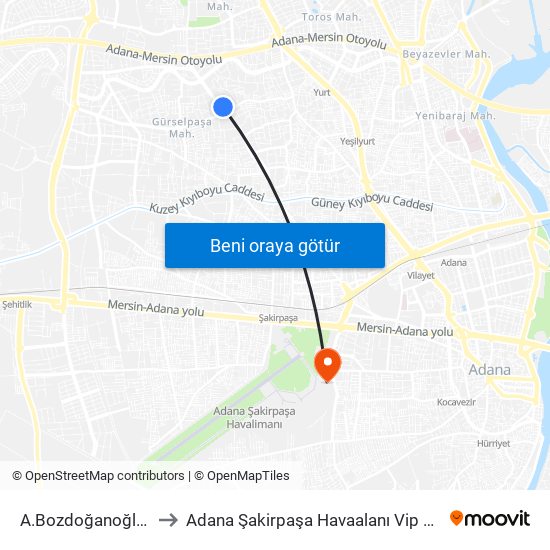 A.Bozdoğanoğlu 5a to Adana Şakirpaşa Havaalanı Vip Salonu map