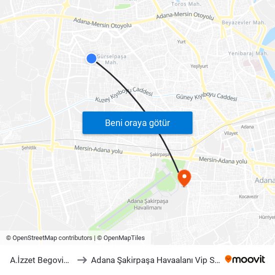 A.İzzet Begoviç 5b to Adana Şakirpaşa Havaalanı Vip Salonu map