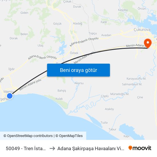 50049 - Tren İstasyonu to Adana Şakirpaşa Havaalanı Vip Salonu map