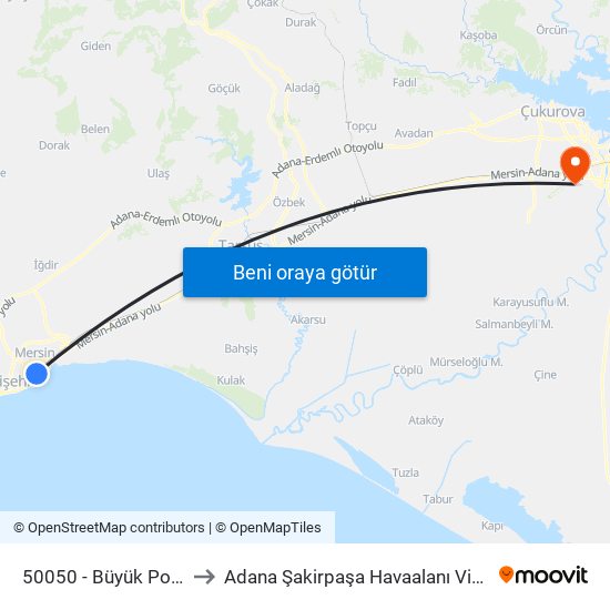 50050 - Büyük Postane to Adana Şakirpaşa Havaalanı Vip Salonu map