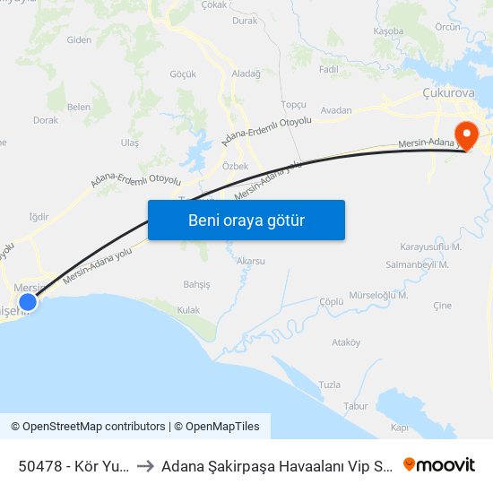 50478 - Kör Yusuf to Adana Şakirpaşa Havaalanı Vip Salonu map