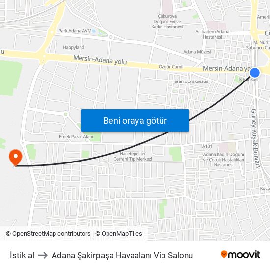 İstiklal to Adana Şakirpaşa Havaalanı Vip Salonu map