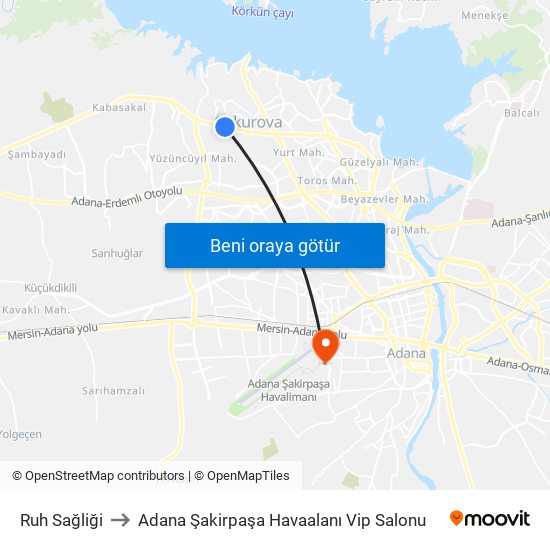 Ruh Sağliği to Adana Şakirpaşa Havaalanı Vip Salonu map