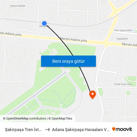 Şakirpaşa Tren İstasyonu to Adana Şakirpaşa Havaalanı Vip Salonu map