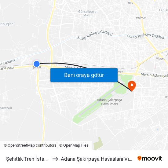 Şehitlik Tren İstasyonu to Adana Şakirpaşa Havaalanı Vip Salonu map