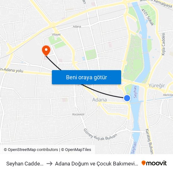 Seyhan Caddesi 1. Durak Taşköprü to Adana Doğum ve Çocuk Bakımevi Hastanesi (Adana Doğ. ve Çoc. Bakımevi H) map