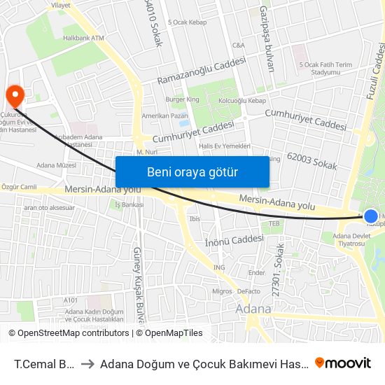T.Cemal Beriker Blv. 1a to Adana Doğum ve Çocuk Bakımevi Hastanesi (Adana Doğ. ve Çoc. Bakımevi H) map