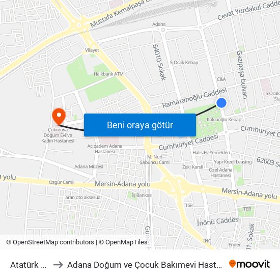 Atatürk Caddesi 3a to Adana Doğum ve Çocuk Bakımevi Hastanesi (Adana Doğ. ve Çoc. Bakımevi H) map