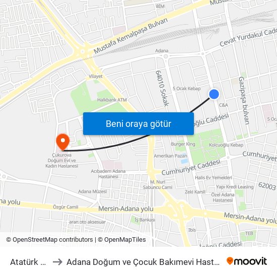 Atatürk Caddesi 4a to Adana Doğum ve Çocuk Bakımevi Hastanesi (Adana Doğ. ve Çoc. Bakımevi H) map
