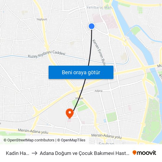 Kadin Haklari Duraği to Adana Doğum ve Çocuk Bakımevi Hastanesi (Adana Doğ. ve Çoc. Bakımevi H) map