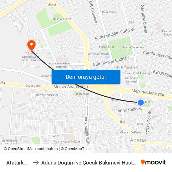 Atatürk Caddesi 1b to Adana Doğum ve Çocuk Bakımevi Hastanesi (Adana Doğ. ve Çoc. Bakımevi H) map