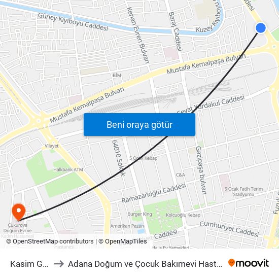 Kasim Gülek Blv. 1b to Adana Doğum ve Çocuk Bakımevi Hastanesi (Adana Doğ. ve Çoc. Bakımevi H) map