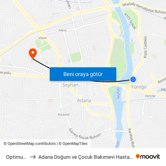 Optimum Avm 1b to Adana Doğum ve Çocuk Bakımevi Hastanesi (Adana Doğ. ve Çoc. Bakımevi H) map