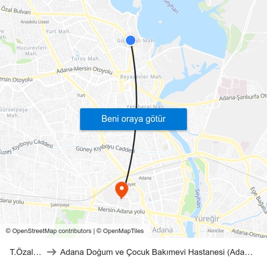 T.Özal Blv. 4b to Adana Doğum ve Çocuk Bakımevi Hastanesi (Adana Doğ. ve Çoc. Bakımevi H) map