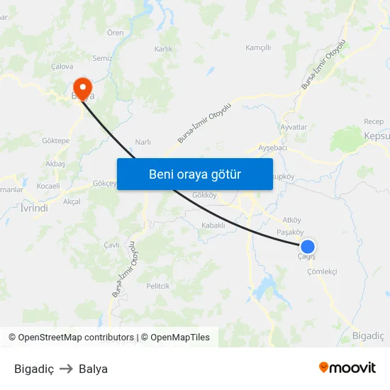 Bigadiç to Balya map