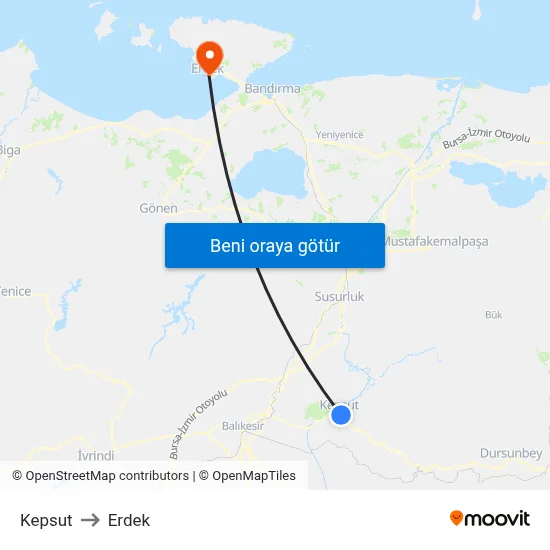 Kepsut to Erdek map