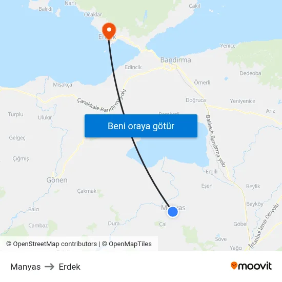 Manyas to Erdek map