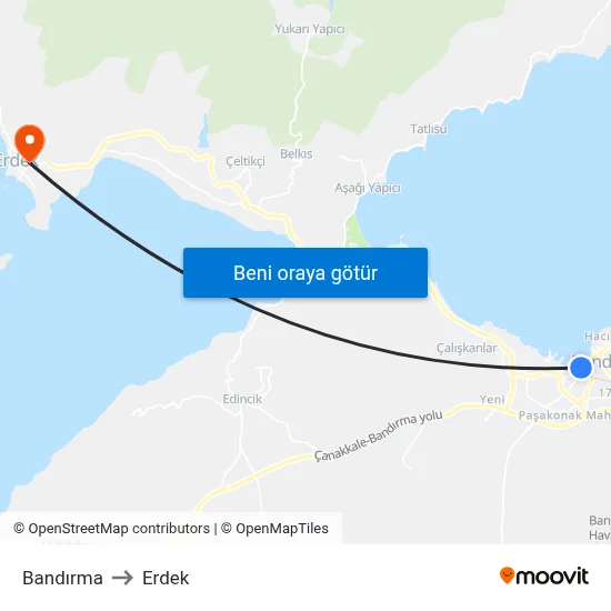 Bandırma to Erdek map