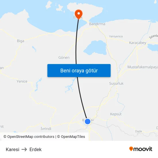 Karesi to Erdek map