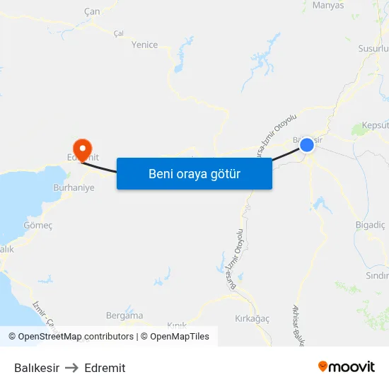 Balıkesir to Edremit map