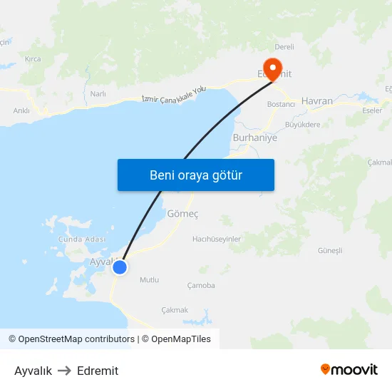 Ayvalık to Edremit map