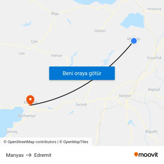 Manyas to Edremit map