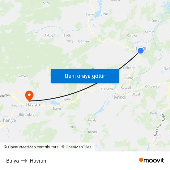 Balya to Havran map