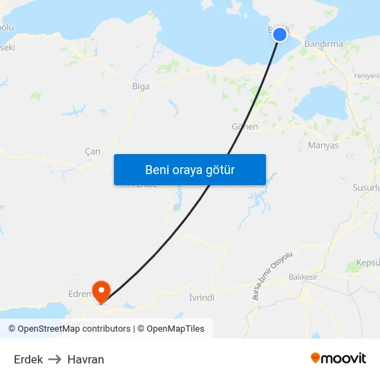Erdek to Havran map