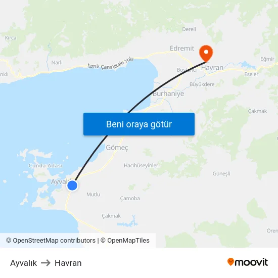 Ayvalık to Havran map
