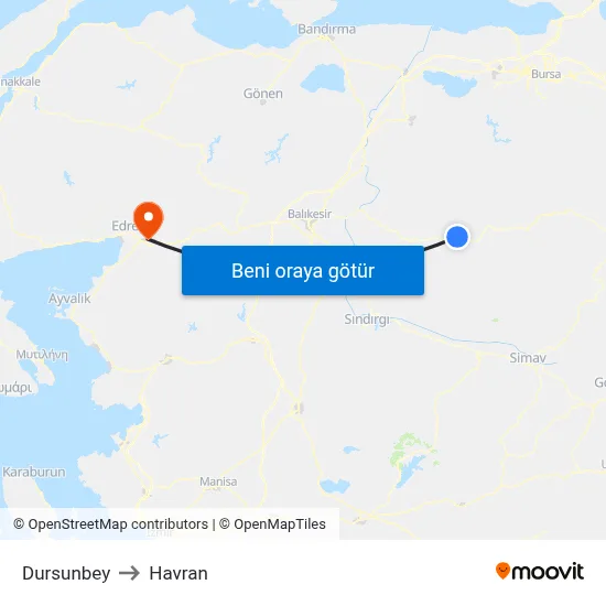 Dursunbey to Havran map